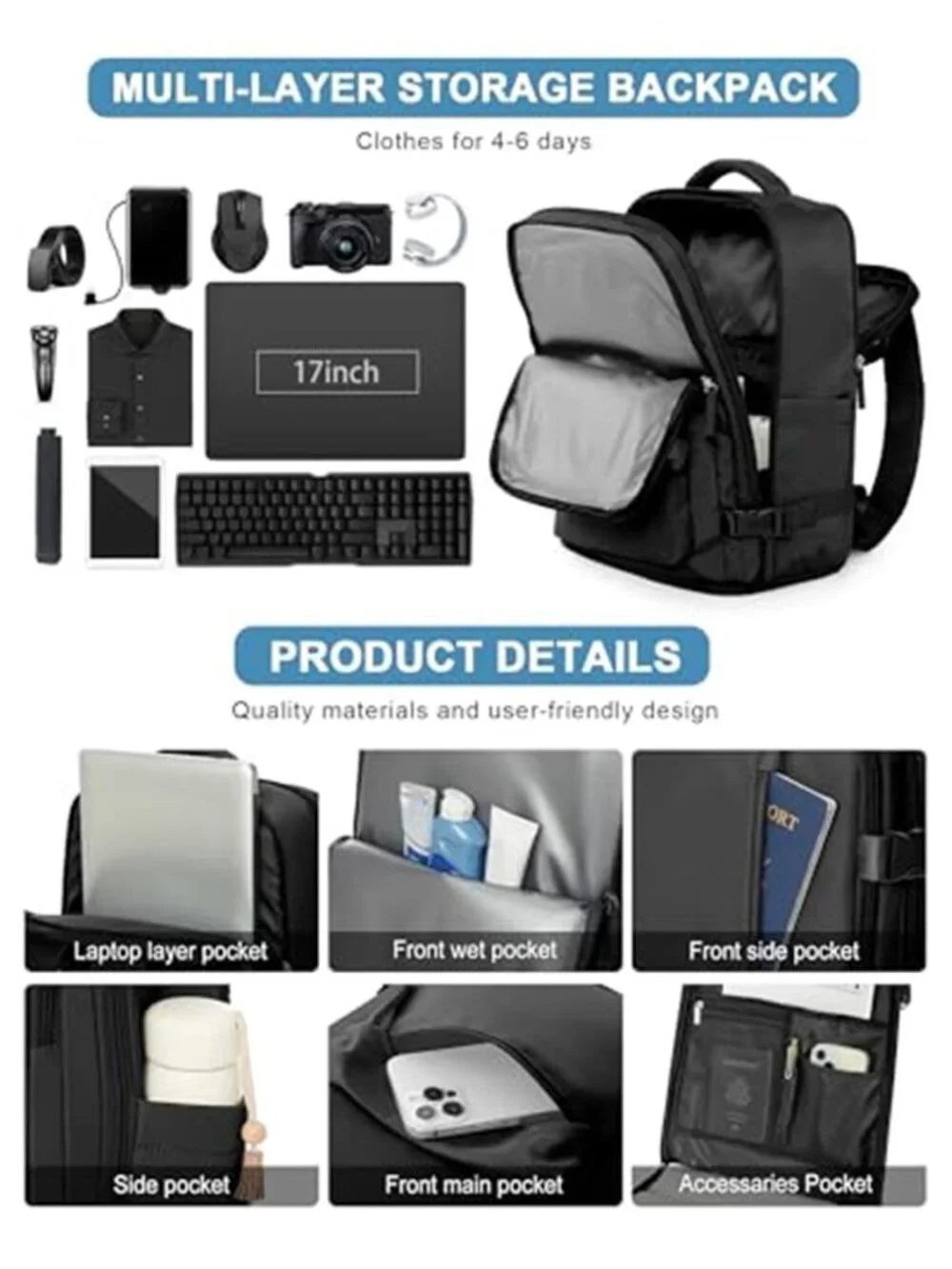 Large Travel Backpack Women Men Carry On 17 Inch Laptop Waterproof Business Bag